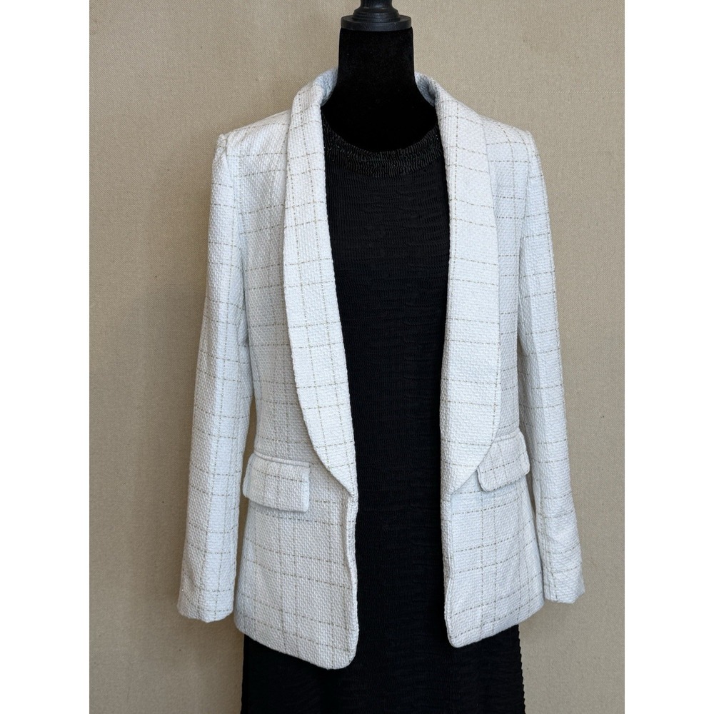 Y2K Classic Lapel Neck Tweed Blazer Size M Ivory/Off White Gold Accent Shein EUC